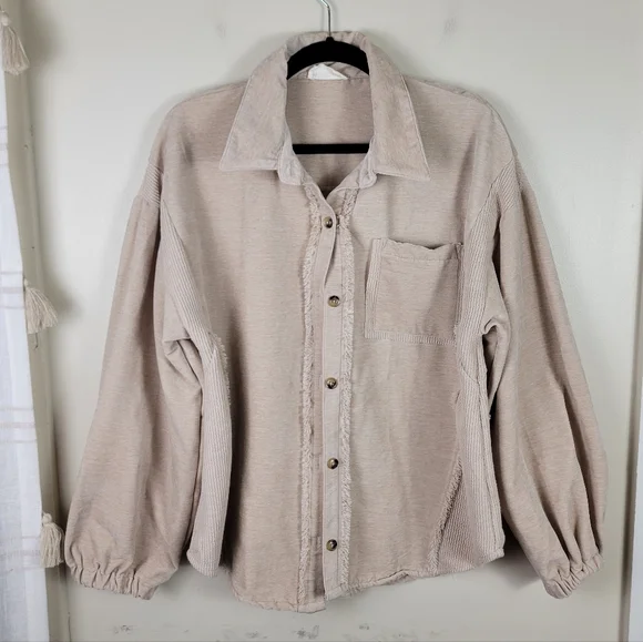 New In Mixed Media Oversized Button Down Beige Shacket Shirt Jacket - Picture 4 of 10